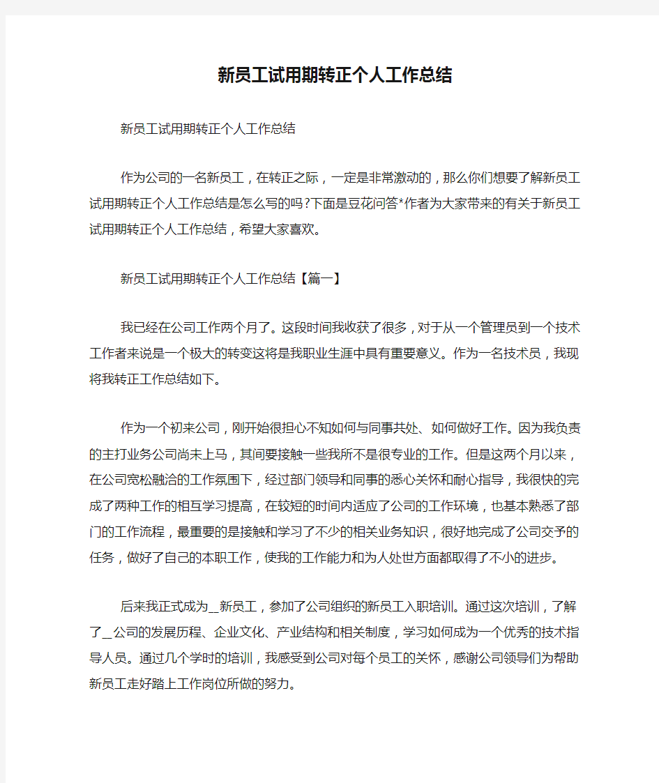 新员工试用期转正个人工作总结