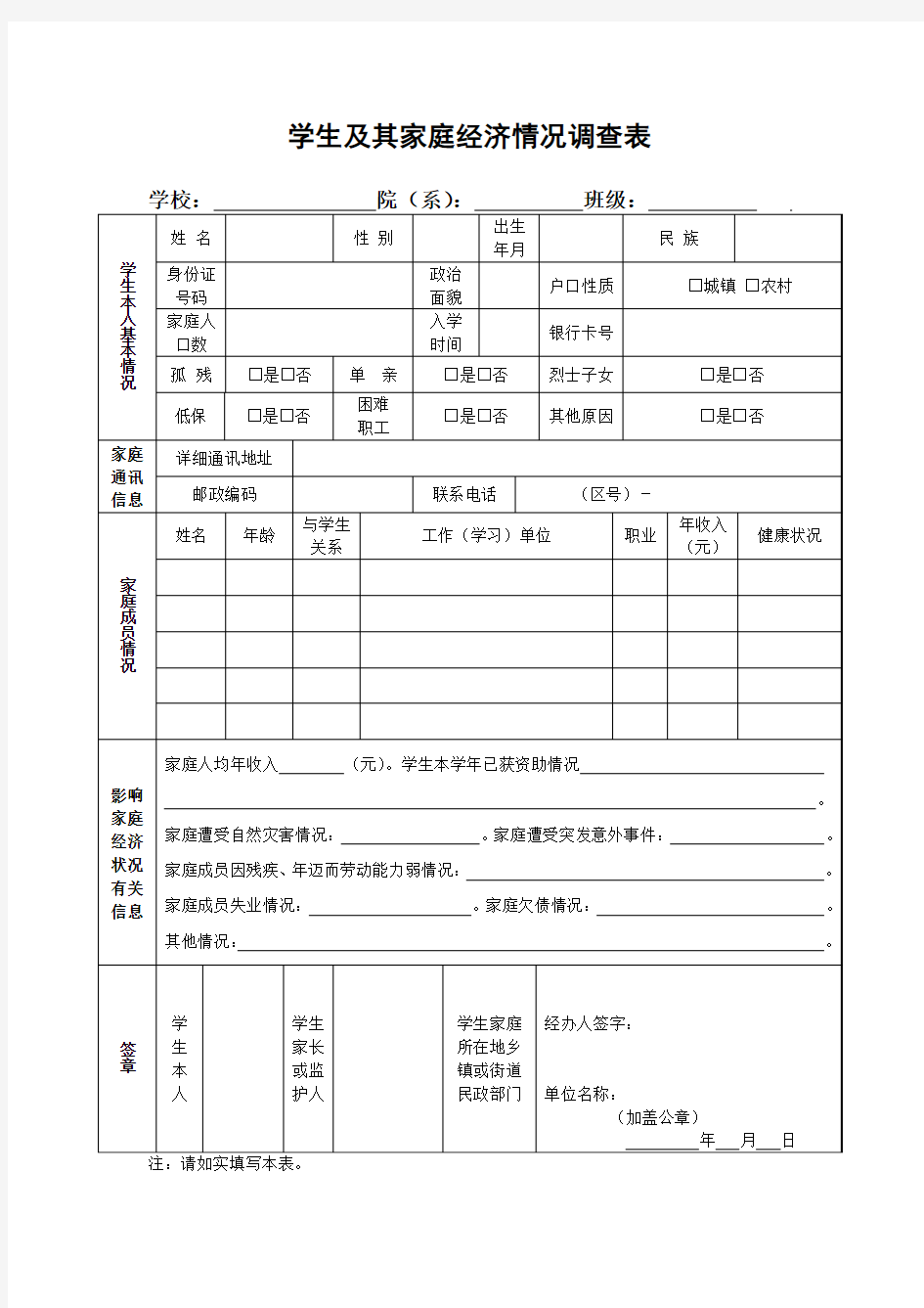 学生及其家庭经济情况调查表