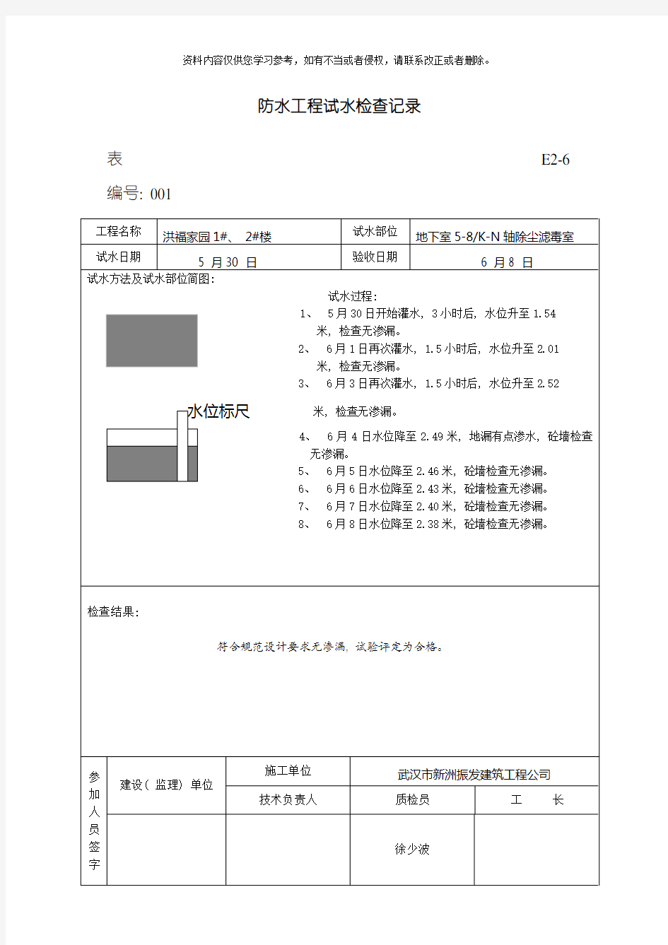 防水工程试水检查记录模板