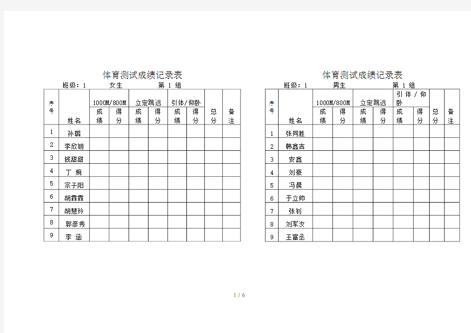 体育测试成绩记录表