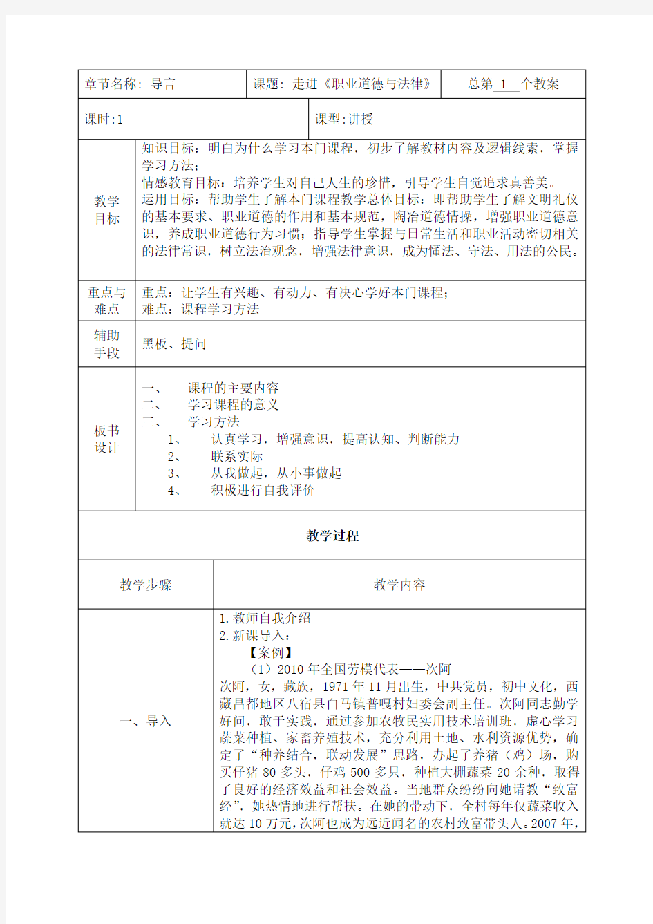 (完整版)职业道德与法律导言教案