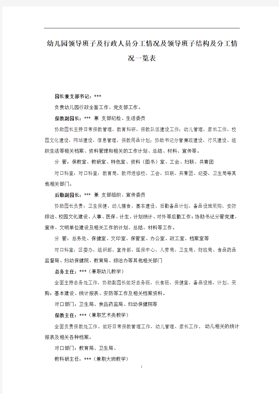 幼儿园领导班子及行政人员分工情况及领导班子结构及分工情况一览表