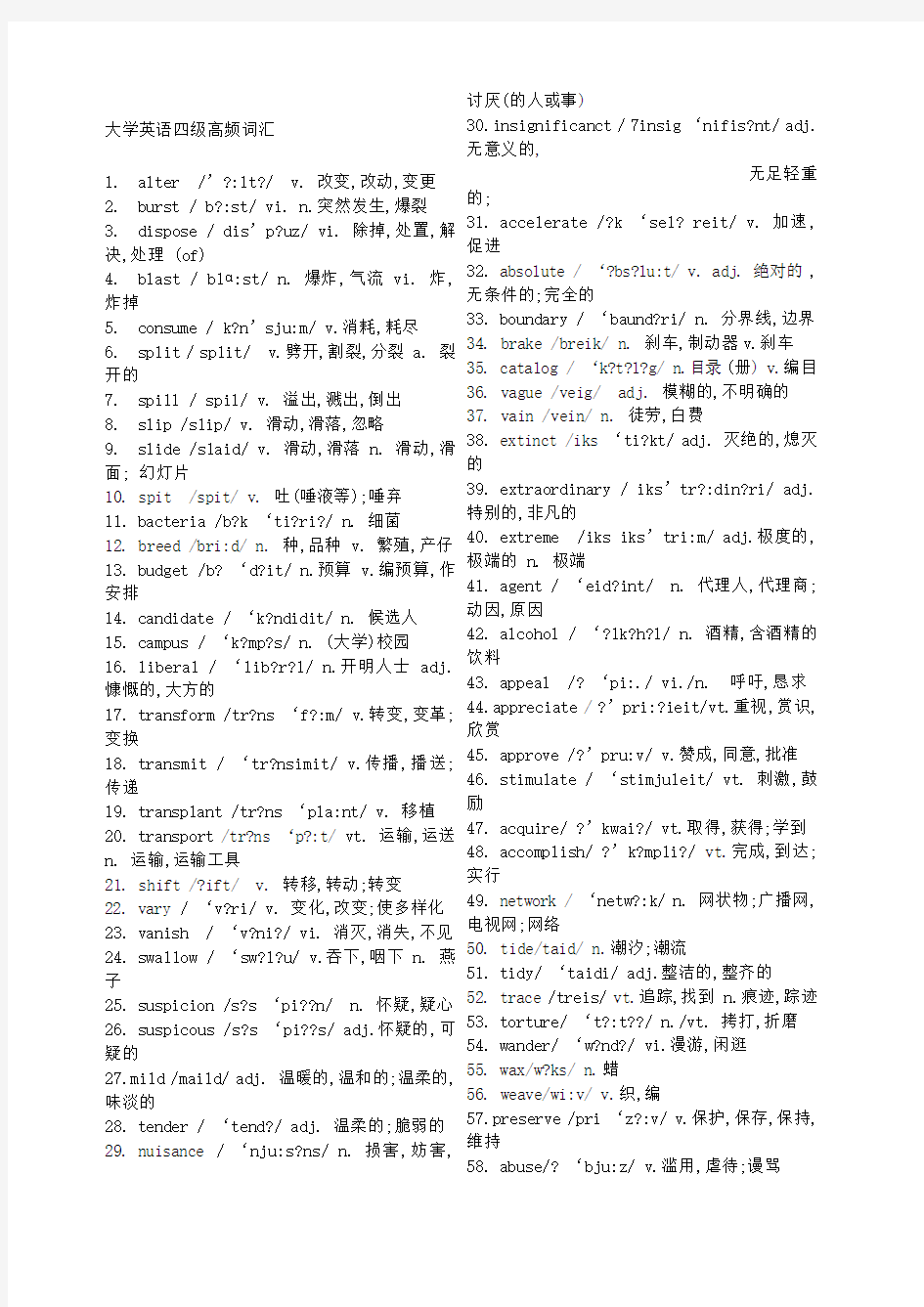 大学英语四级高频词汇 带音标 