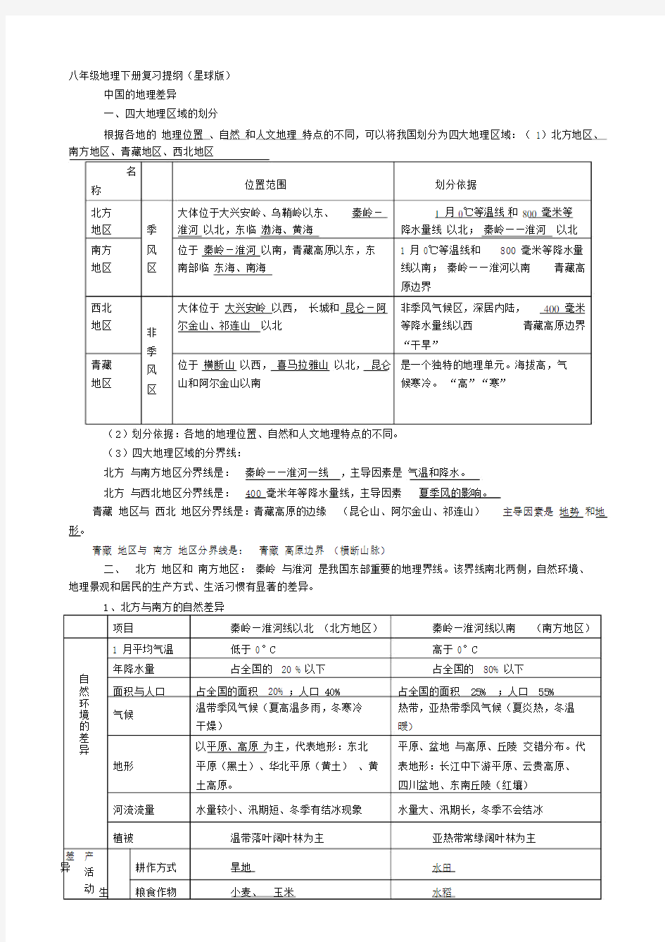 星球版八年级地理下册复习提纲