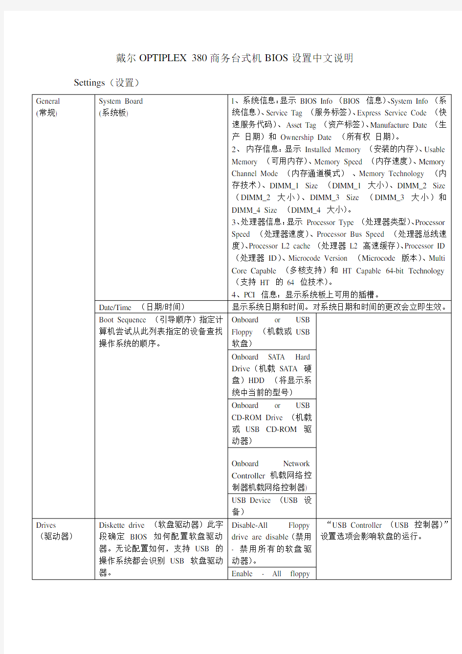 戴尔OPTIPLEX 380商务台式机BIOS设置中文说明