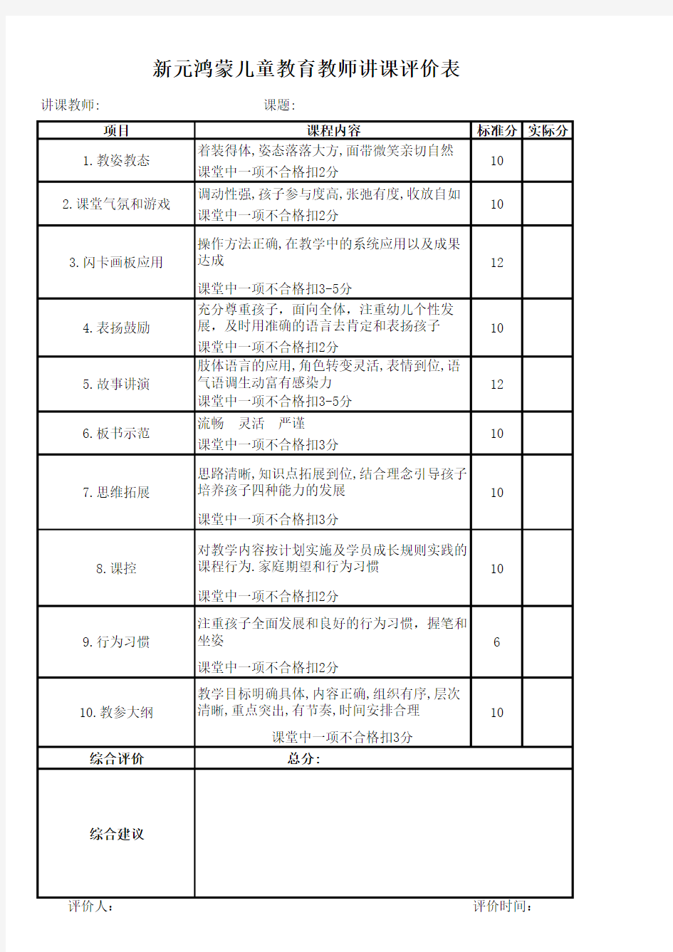 教师讲课评价表