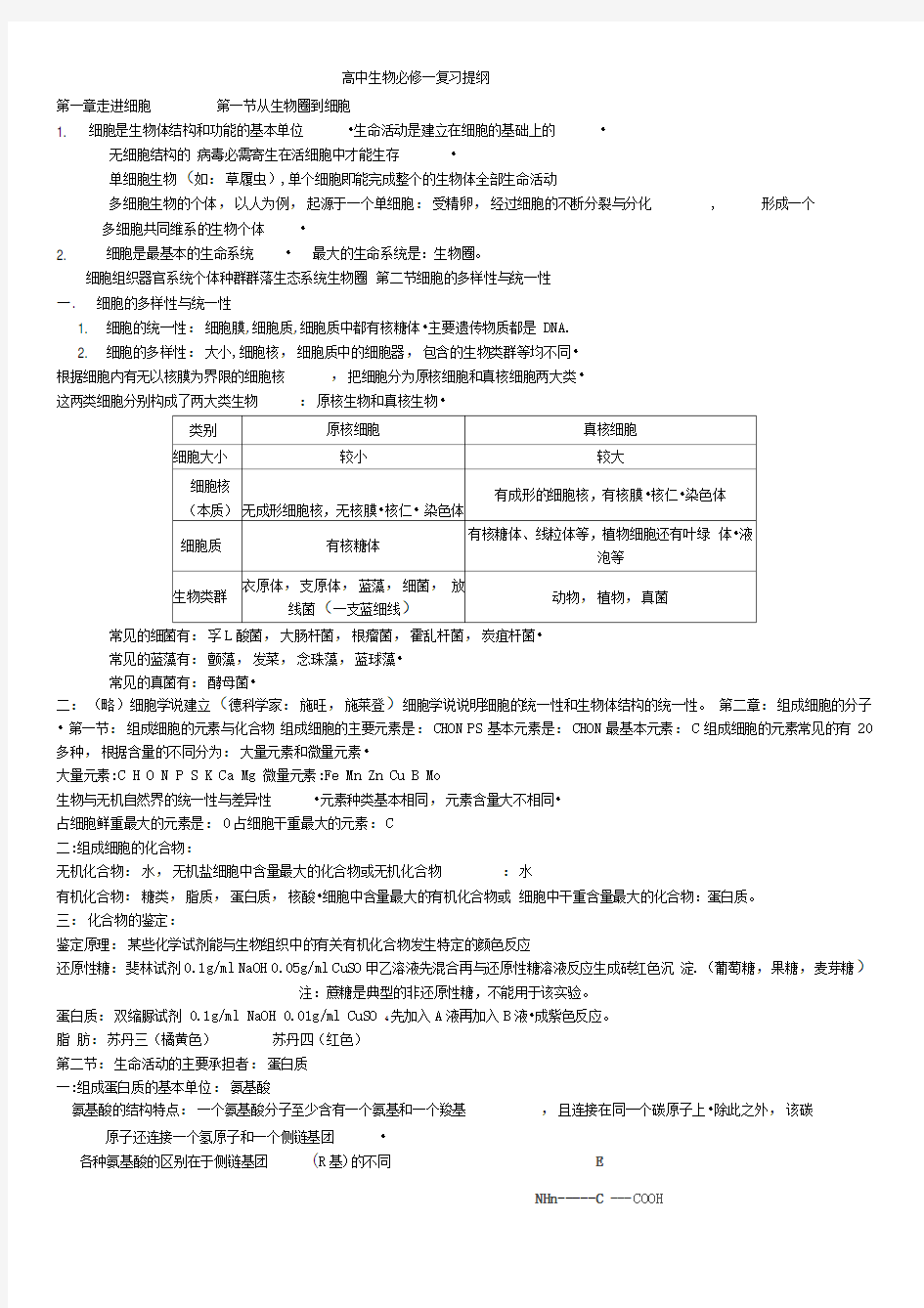 高一上学期生物期末复习知识点