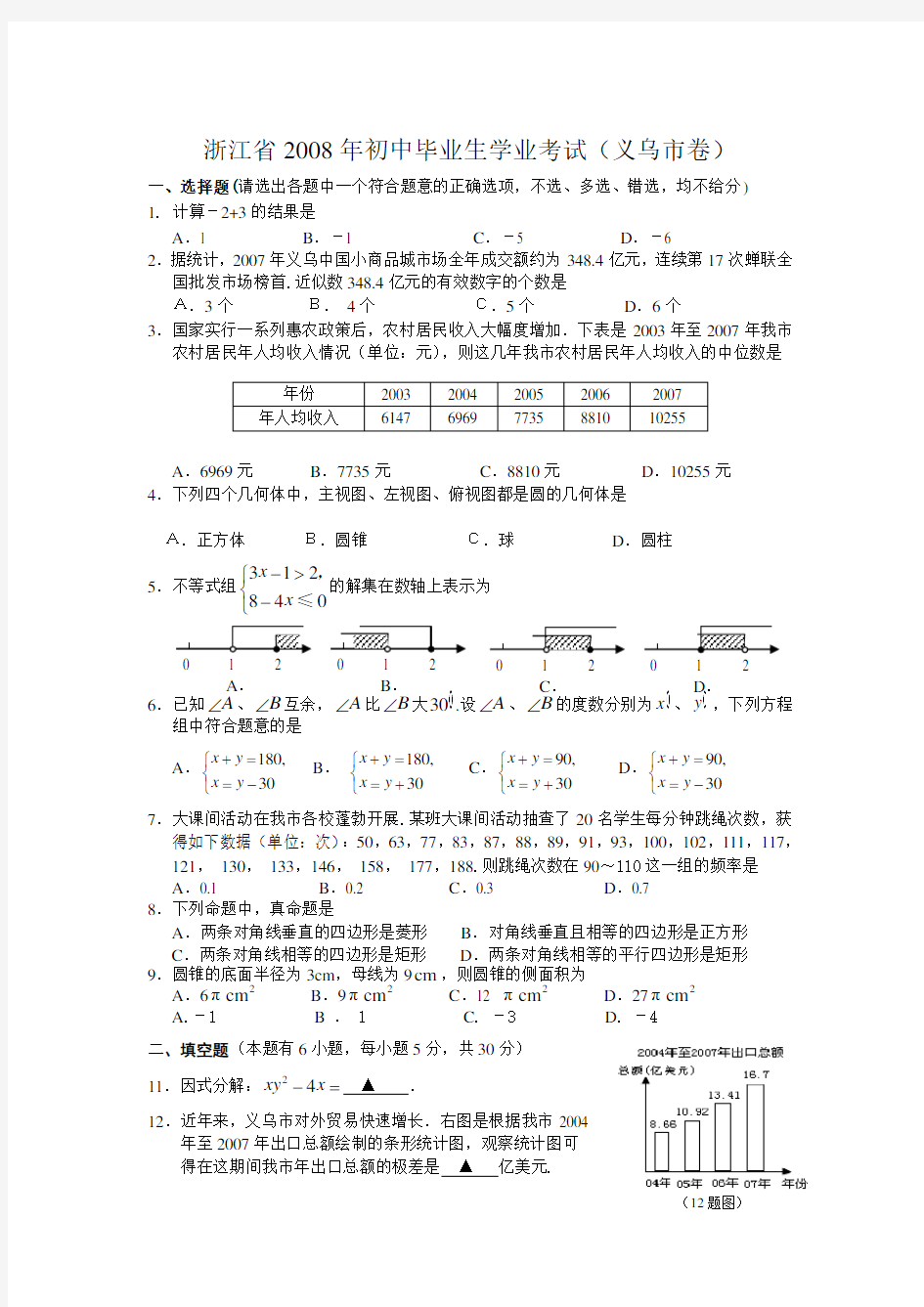 浙江省义乌市初中毕业生学业考试卷及参考答案