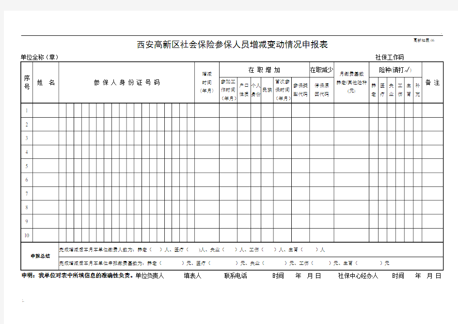 社保人员增减变动情况申报表