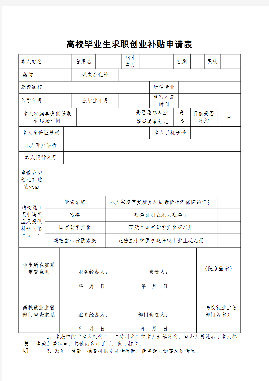 求职创业补贴申请表