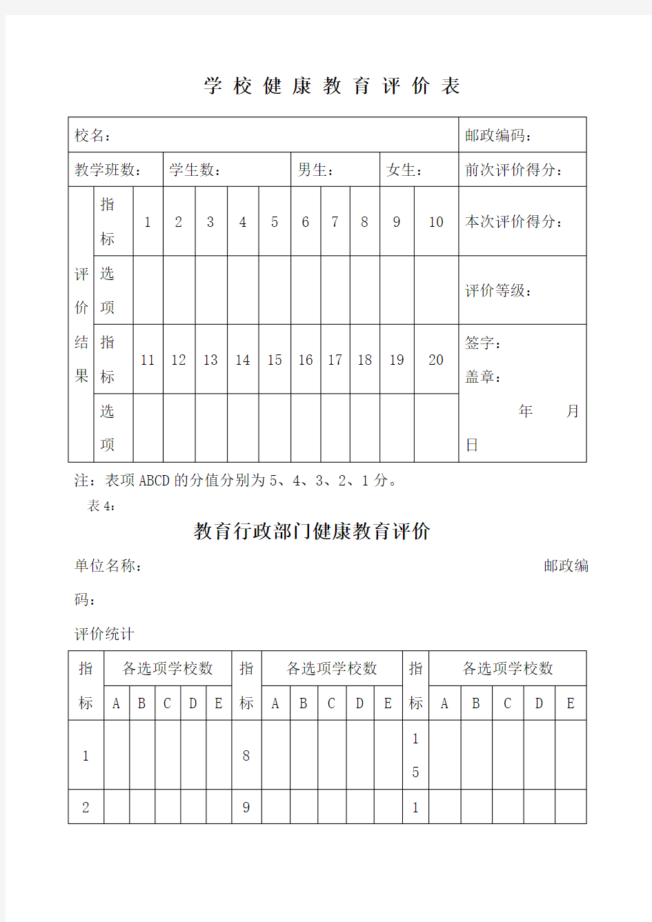 学校健康教育评价记录表