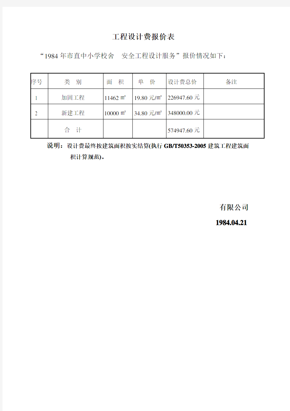 工程设计费报价表