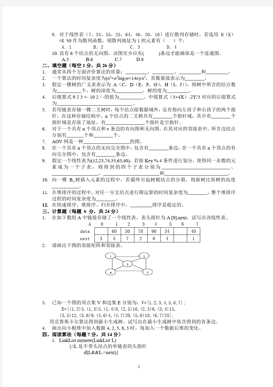 广州大学插本十套数据结构试题及答案