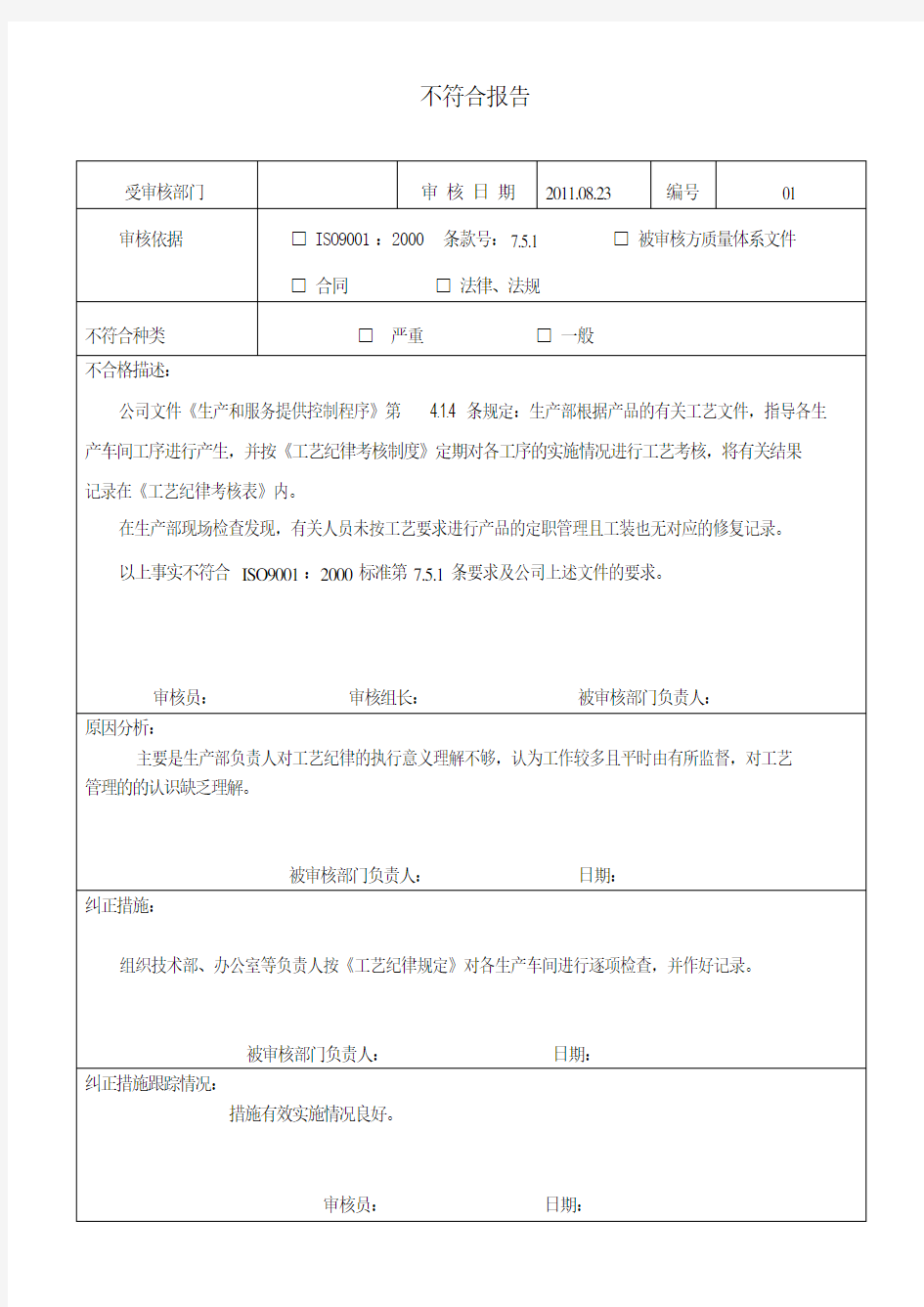 内审不符合项报告范例