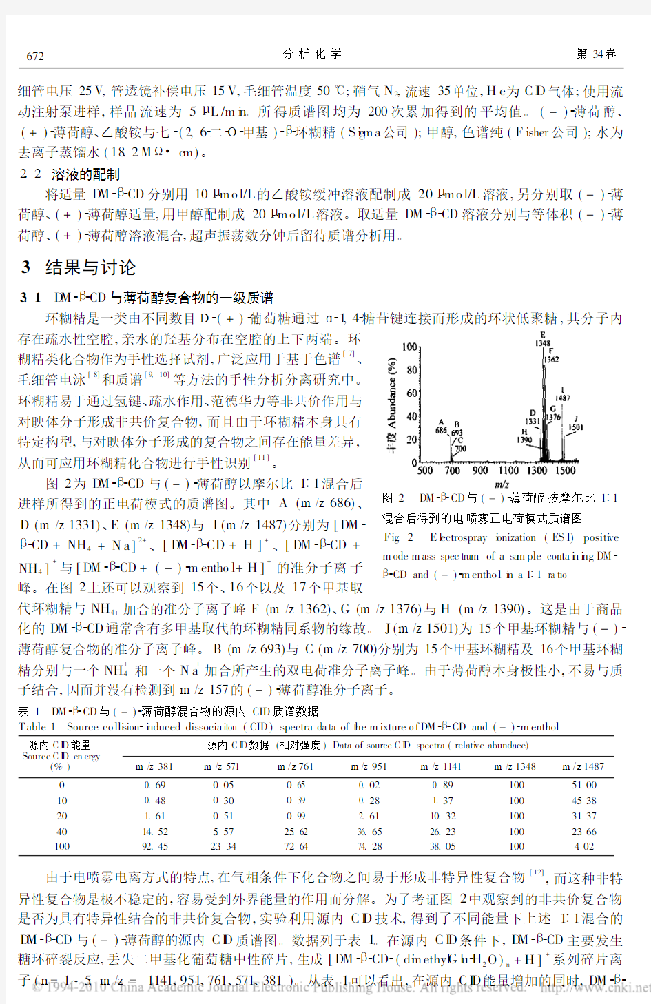 七_2_6_二_O_甲基_环糊精对薄荷醇对映体手性识别的电喷雾质谱研究