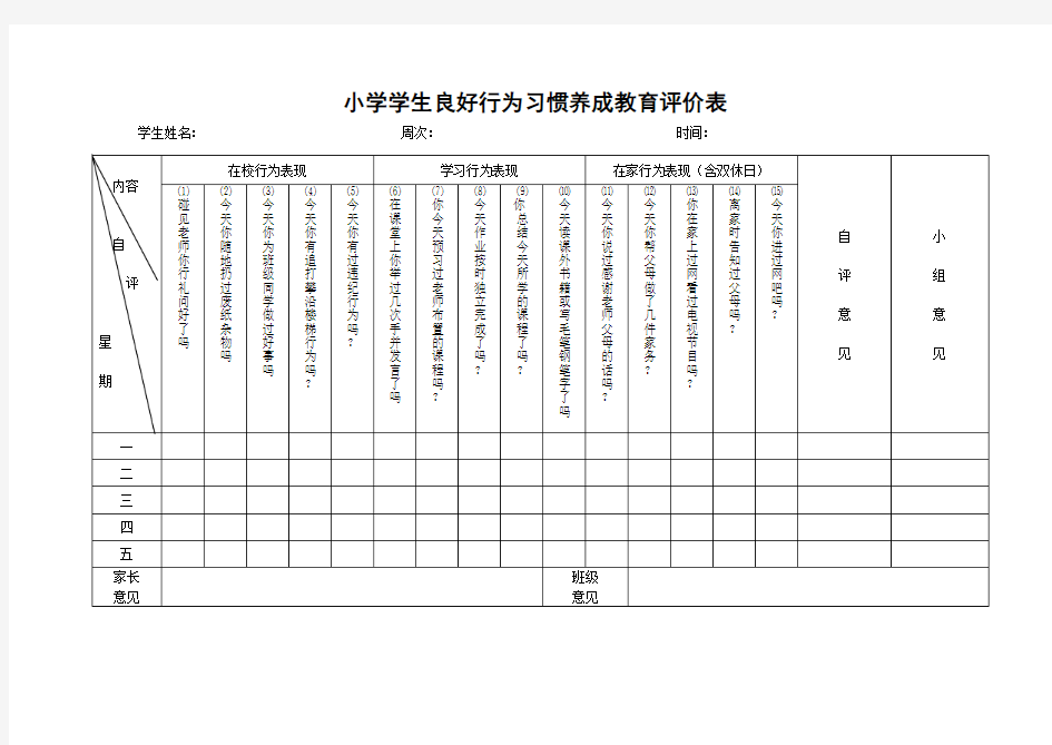 小学学生良好行为习惯养成教育评价表