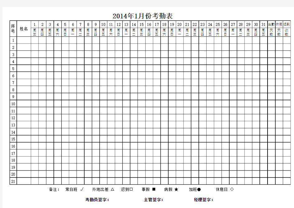 2014年(万年历)考勤表