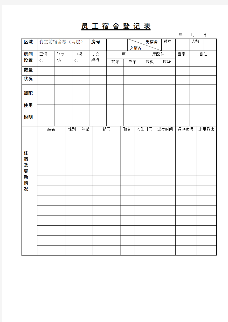 员工宿舍登记表