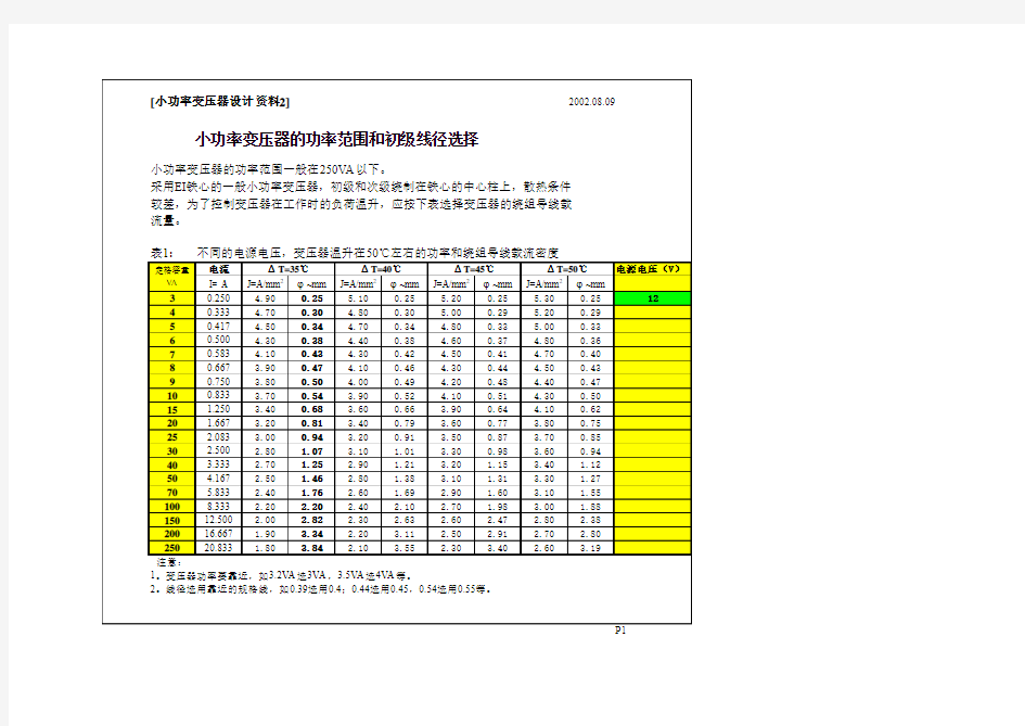 小功率变压器的功率范围和初级线径选择