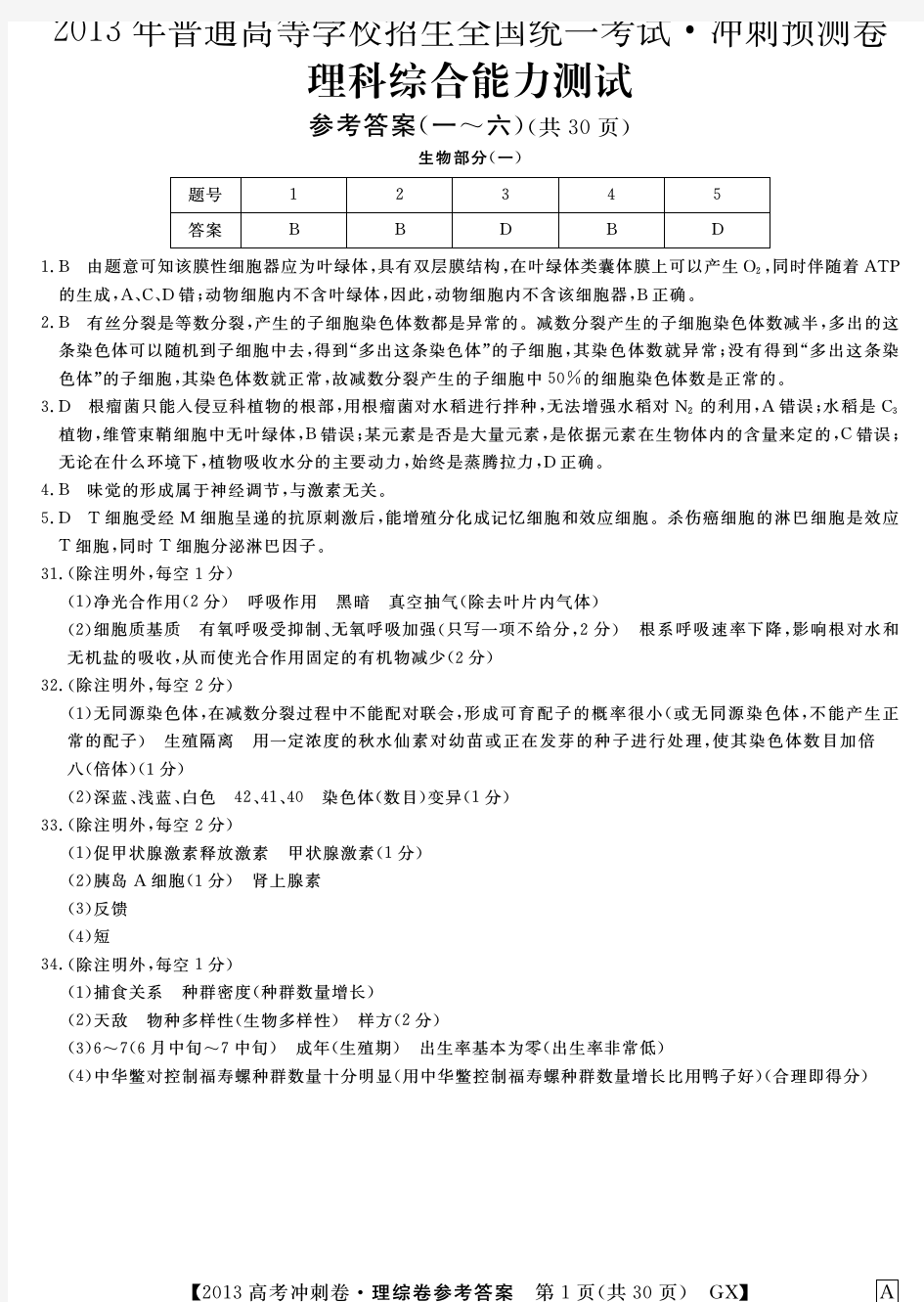 2013考越理综冲刺卷-广西1-6答案