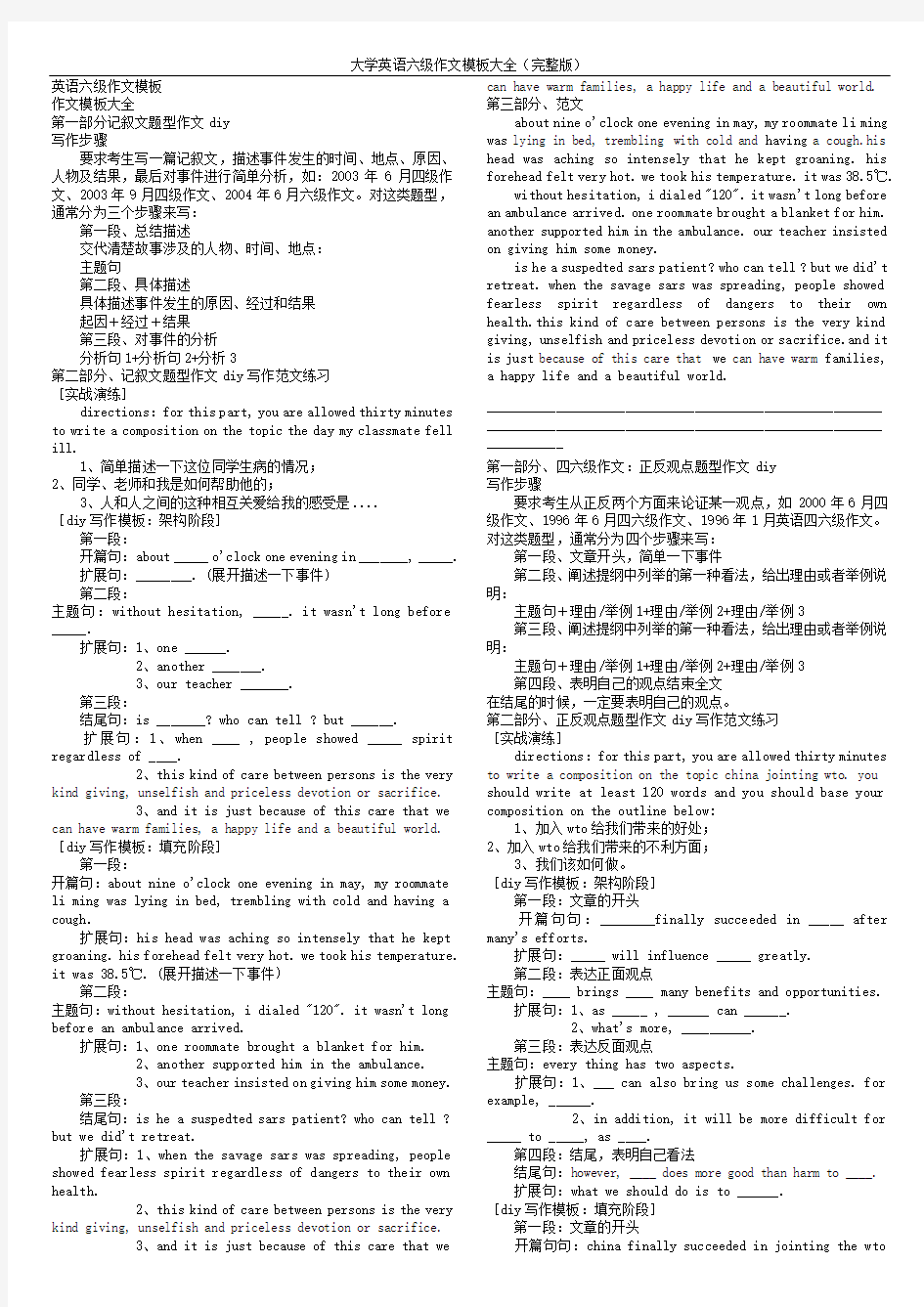 大学英语六级作文模板大全(完整版)