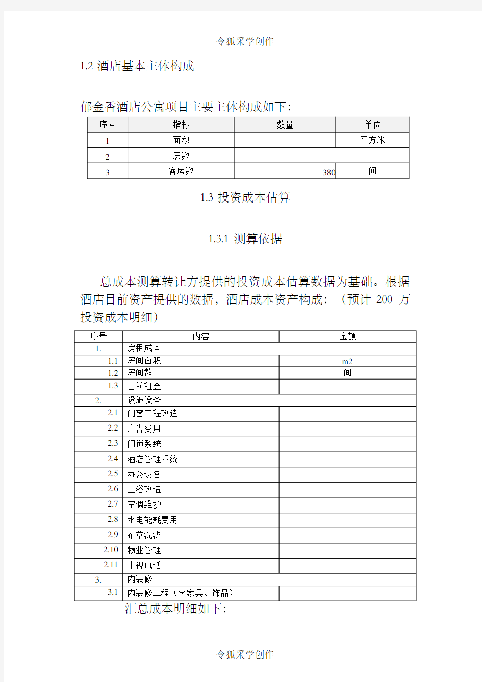 酒店投资估算报告