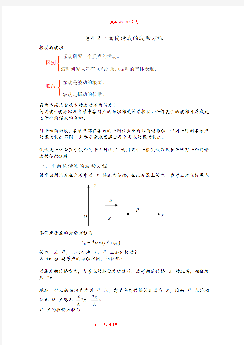 大学物理平面简谐波波动方程