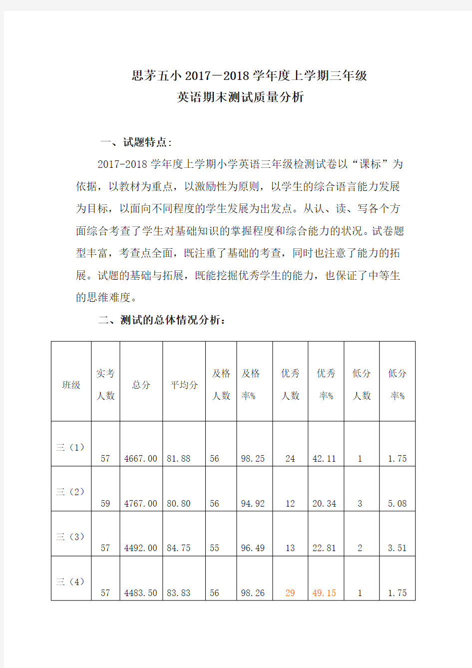 三年级上学期英语质量分析