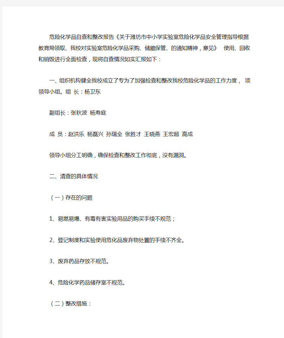 危险化学品自查和整改报告