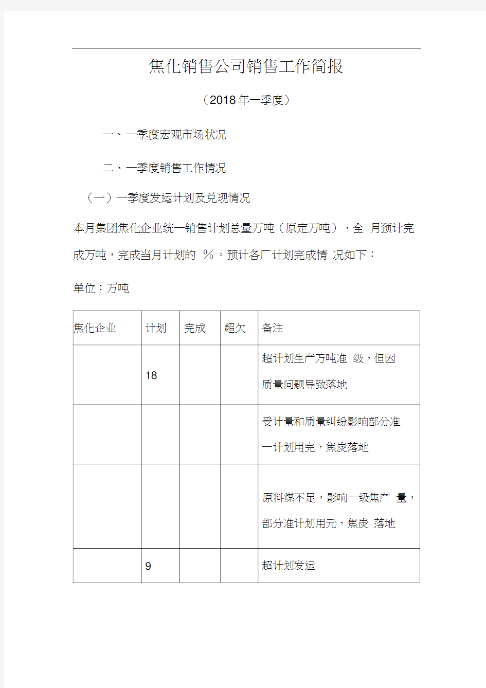 季度销售工作简报