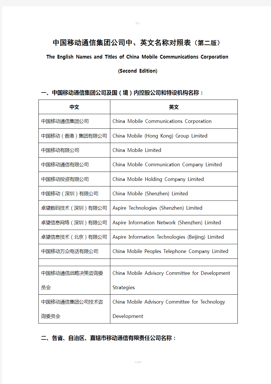 中国移动通信集团公司中、英文名称对