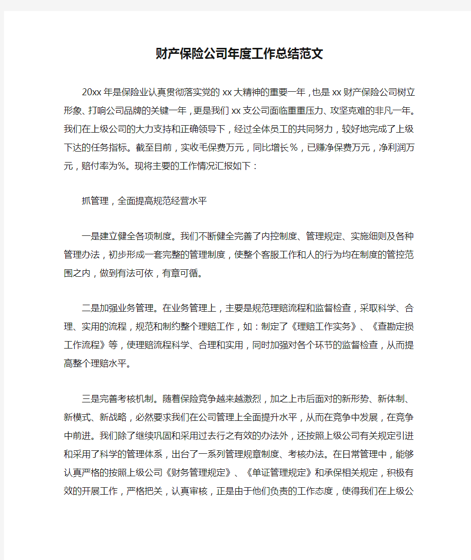 财产保险公司年度工作总结范文