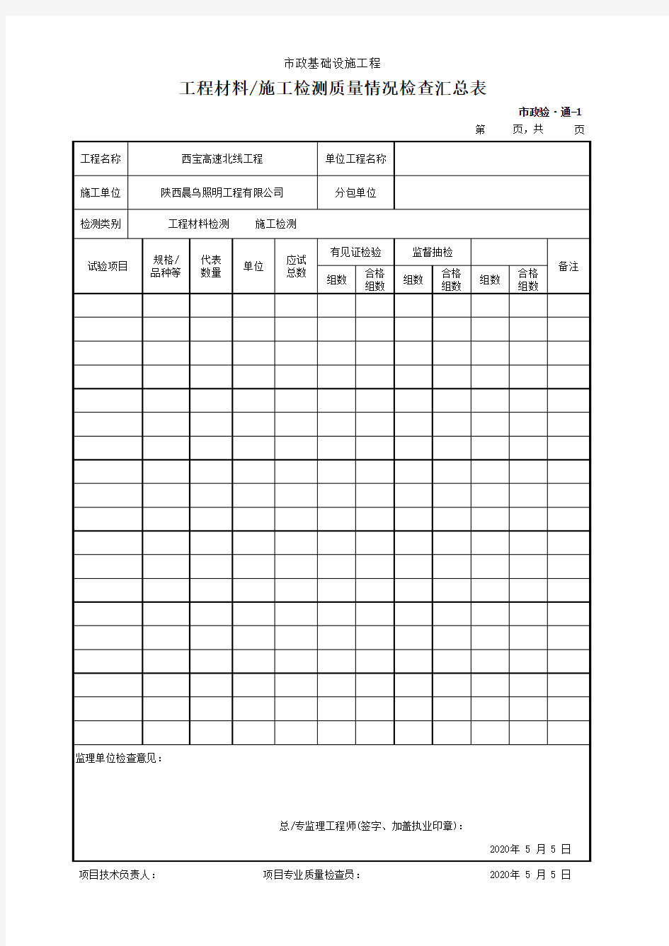 工程材料施工检测质量情况检查汇总表