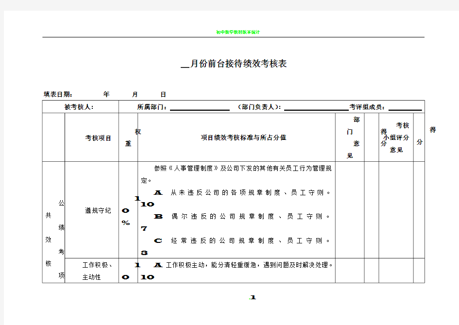 前台接待绩效考核表