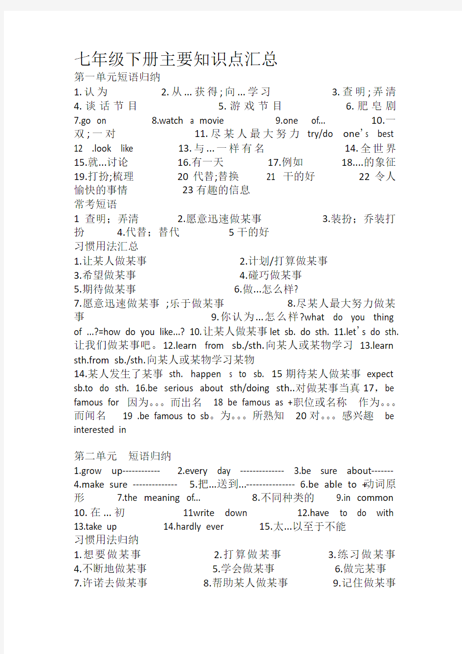 (完整版)鲁教版七年级英语下册主要知识点汇总