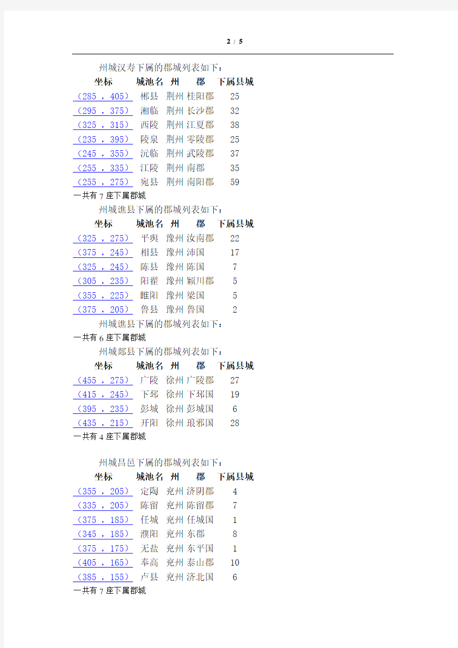 热血三国州郡坐标及下属县城数量