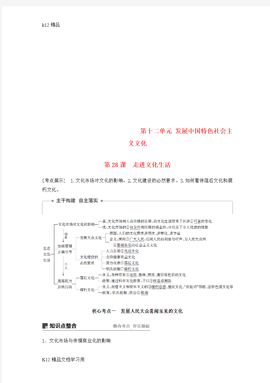 [k12精品]2019届高考政治一轮复习第十二单元发展中国特色社会主义文化第28课走进文化生活讲义新人教版必修3