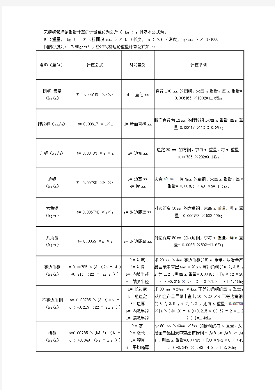 理论重量计算公式