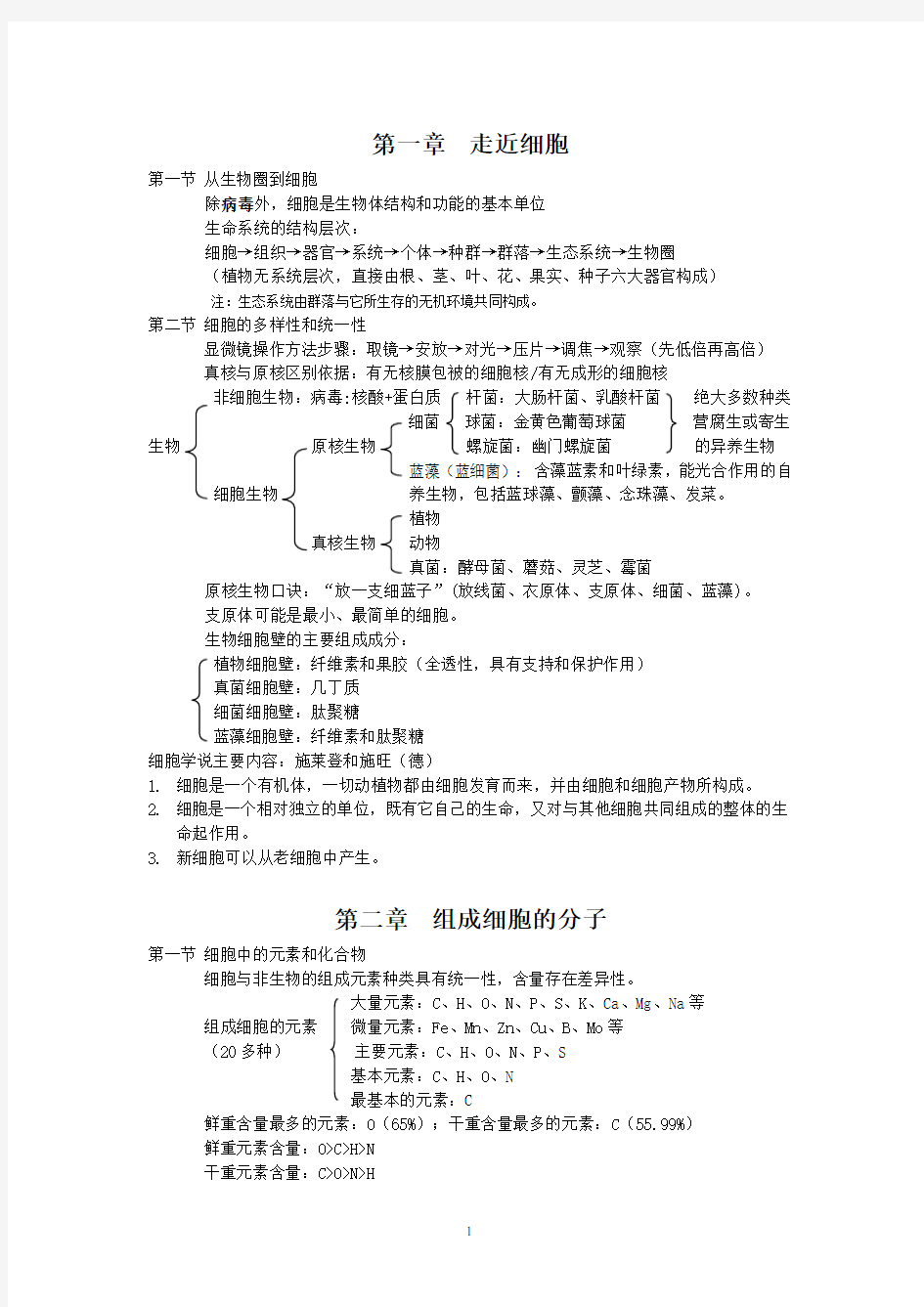 高中生物必修一学业水平考试复习大纲