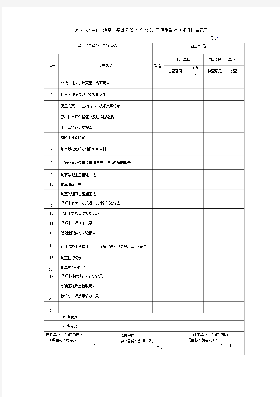 分部工程质量控制资料核查记录