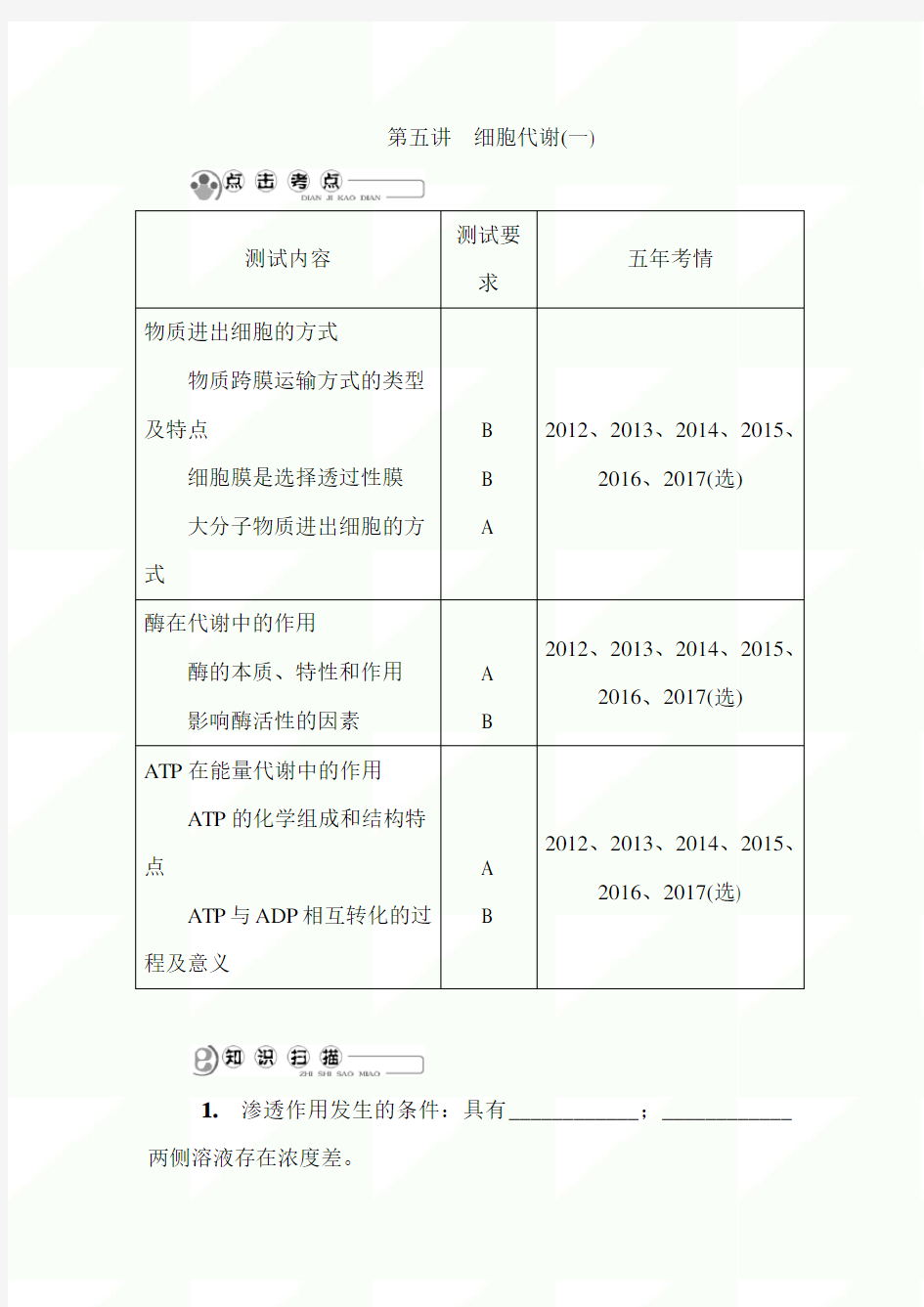 2020年高考生物大一轮复习精品讲义：第五讲 细胞代谢(一)