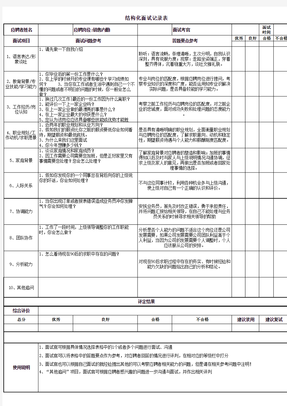 结构化面试表(内勤)