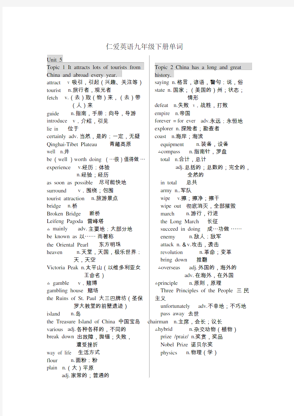 仁爱英语九年级下册单词表