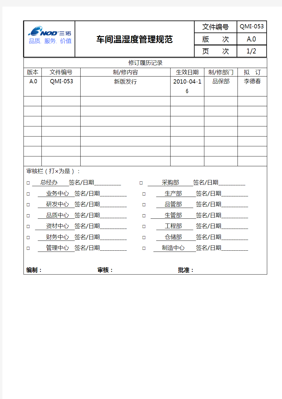 QMI-053 车间温湿度管理规范