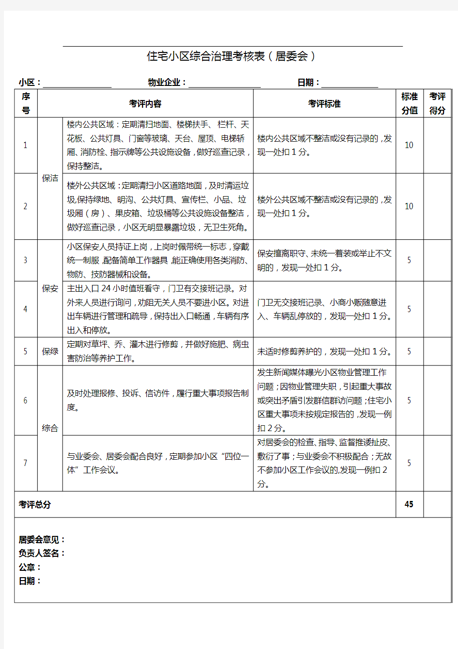 住宅小区综合治理考核表(居委会)