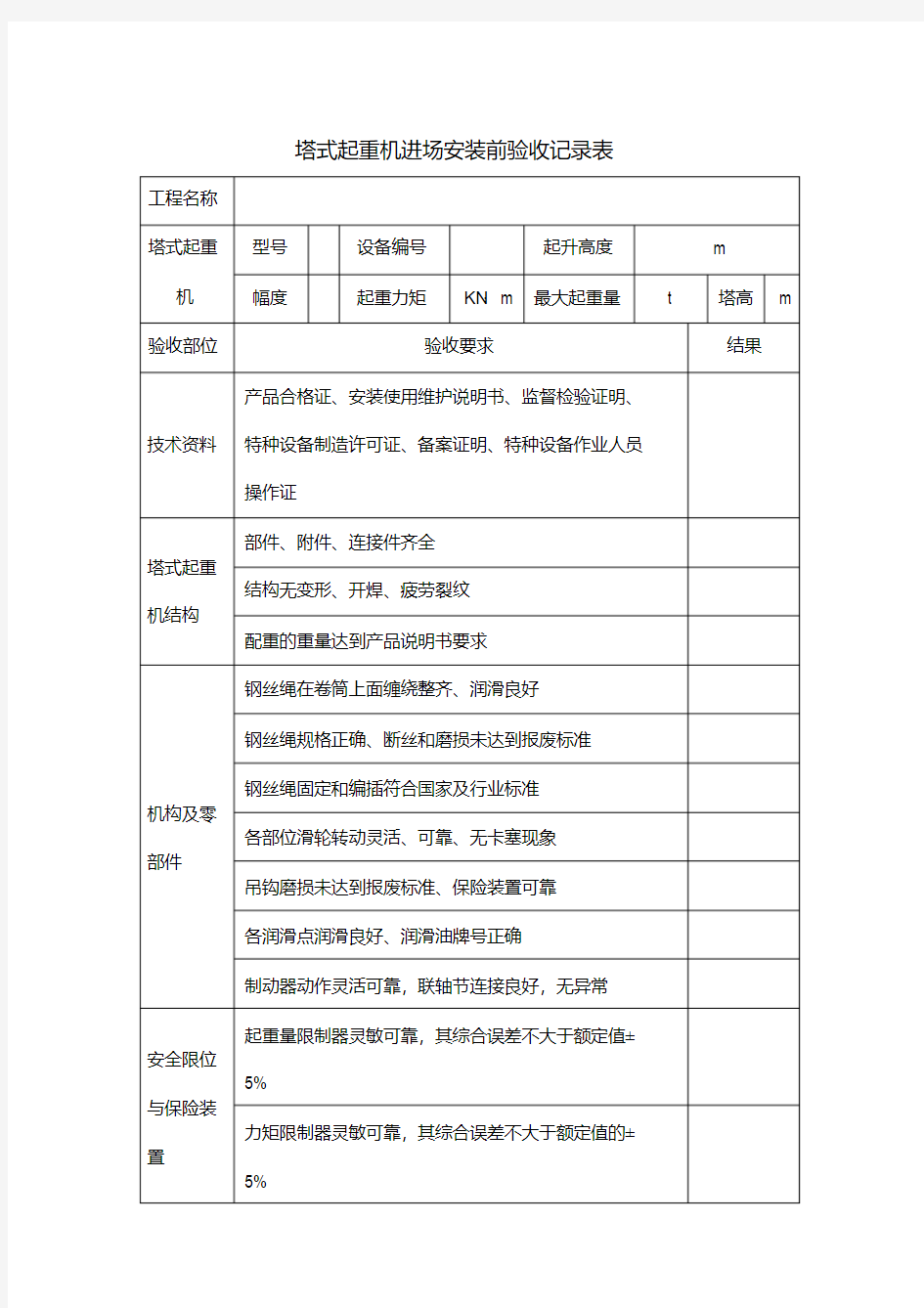 塔式起重机进场安装前验收记录表