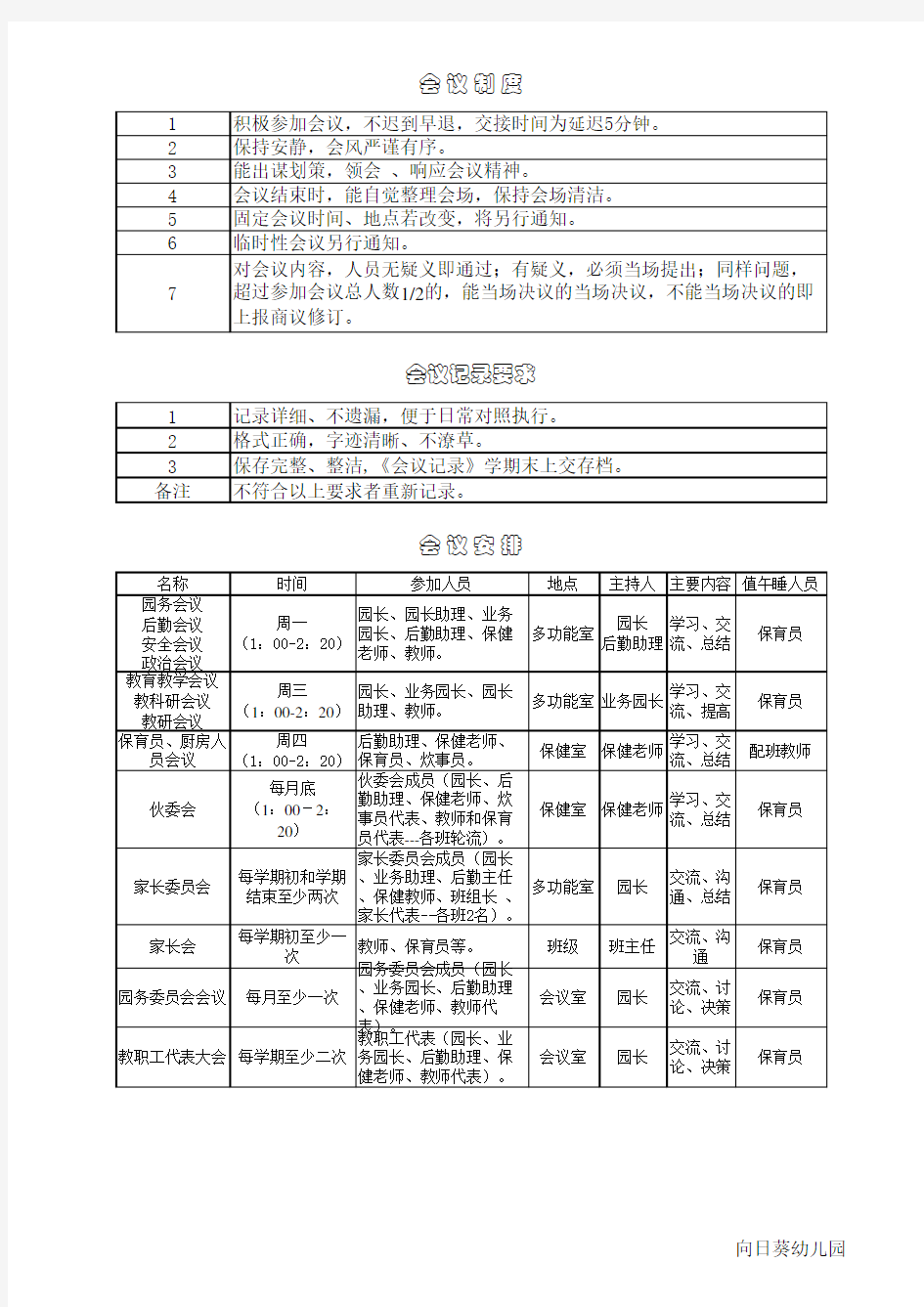 幼儿园教职工各项会议记录表