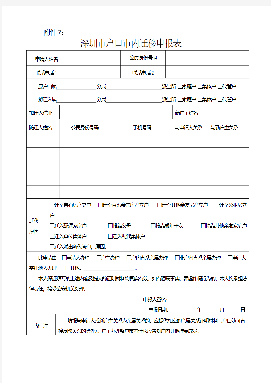 深圳市市内迁移申请表