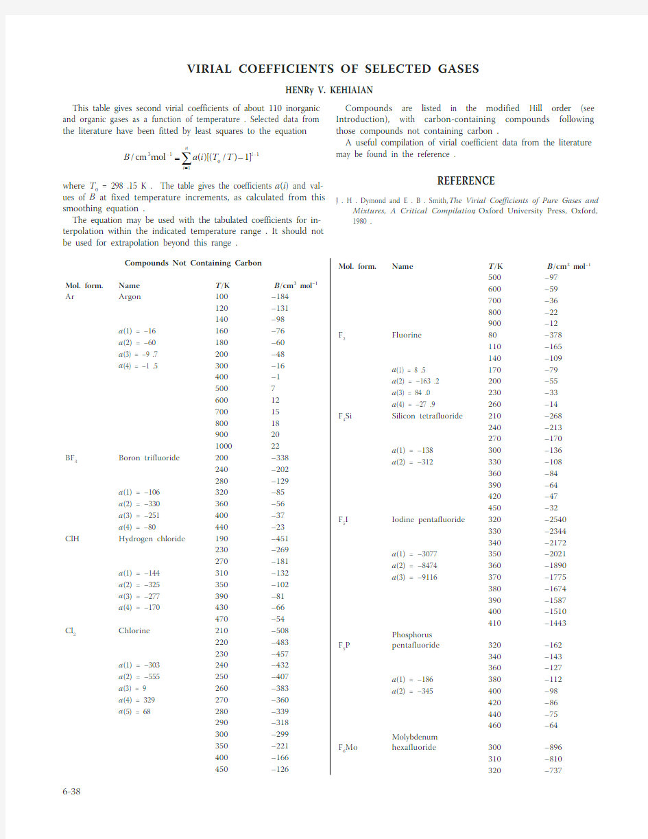 Virial Coefficients of Selected Gases