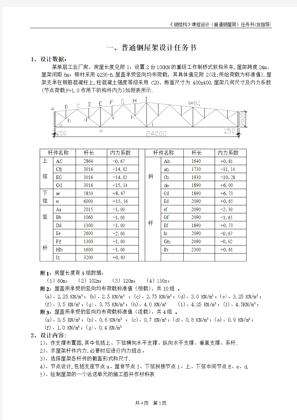 《钢结构》普通钢屋架课程设计任务书及指导书--2014